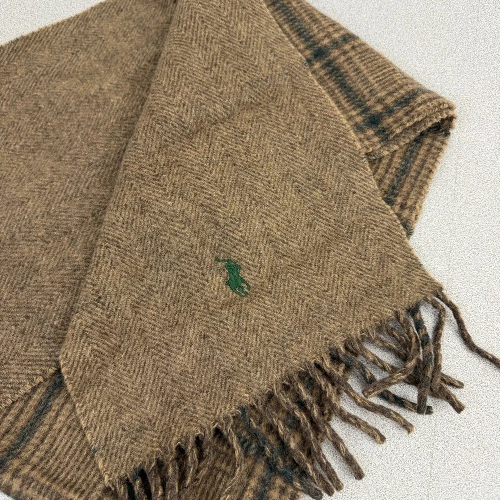 Polo Ralph Lauren Scarf Mens Brown Plaid Herringbone Reversible Lambs Wool Acry